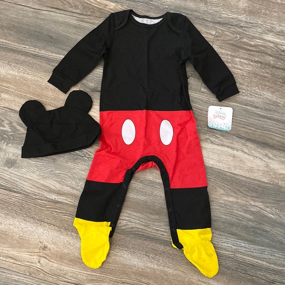 Disney’s Mickey Mouse Bodysuit and Hat, Footed Jumpsuit, Baby Clothes Sleepwear
